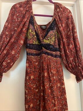 Angie Rust Floral Long Sleeve Maxi Dress with Multicolor Bodice